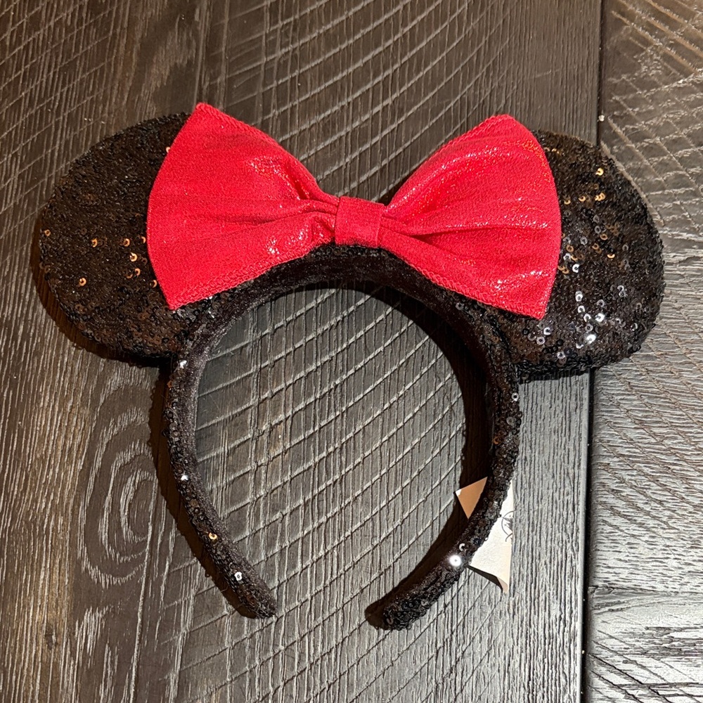 Authentic Disney Park Sequined Minnie Mouse Ears Headband with Red Bow